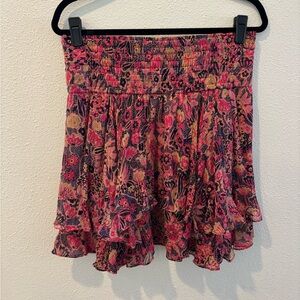A.L.C. Silk Kade Smocked Elastic Waist Mini Skirt in pink navy gold size 14